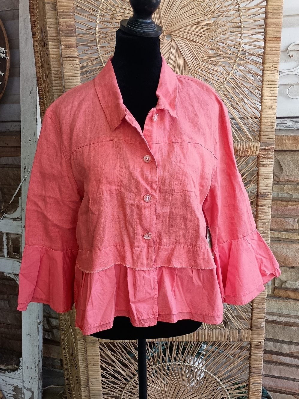 For Cynthia Women’s Pink/Peach Tiered 100% Linen Button Down Top_Large